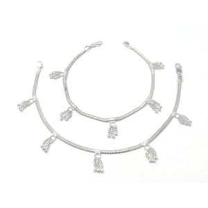Traditional Indian Women’s Sterling Silver Chain Charms Anklet Payal Sets, 925 Stamped Pure Silver, Everyday Comfort, 10-Inch, Ideal for Party, Wedding, Dance, Beach, and Gift Jewelry
