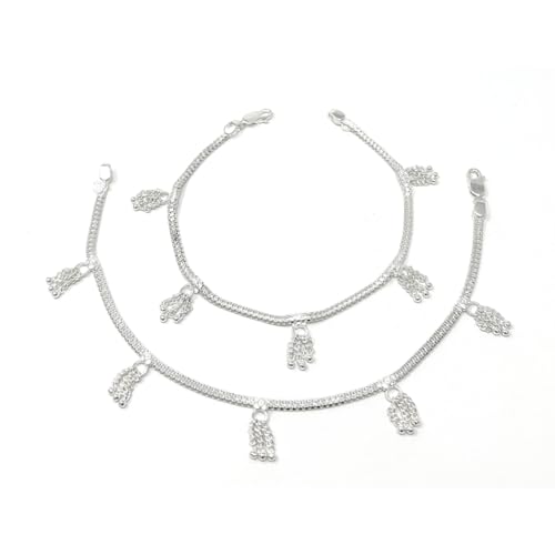 Traditional Indian Women’s Sterling Silver Chain Charms Anklet Payal Sets, 925 Stamped Pure Silver, Everyday Comfort, 10-Inch, Ideal for Party, Wedding, Dance, Beach, and Gift Jewelry