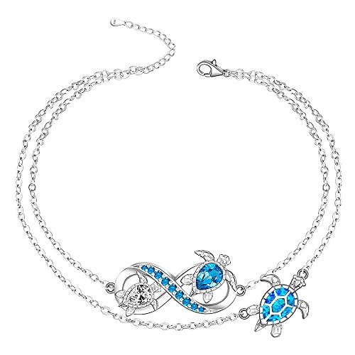 Turtle Anklet Blue Opal Sea Turtle Ankle Bracelets for Women Sterling Silver Infinity Wave Ocean Beach Summer Foot Bracelet Jewelry Layered Adjustable