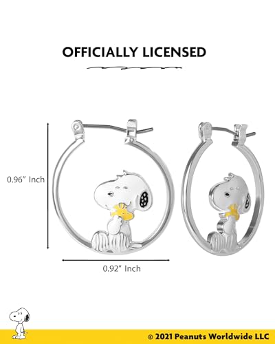 Peanuts Snoopy Earrings for Women Official License, Silver Flash-Plated Hoop Earrings with a Snoopy and Woodstock Accessory - Image 5