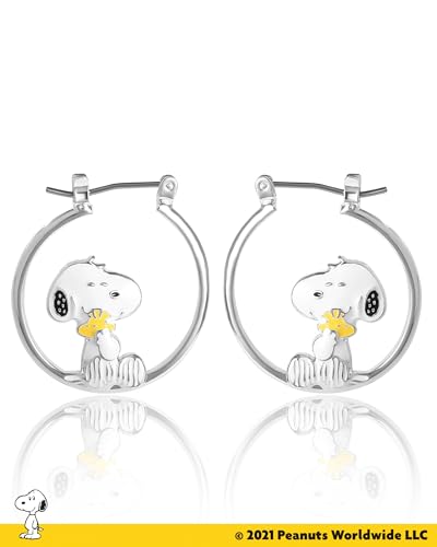 Peanuts Snoopy Earrings for Women Official License, Silver Flash-Plated Hoop Earrings with a Snoopy and Woodstock Accessory - Image 6