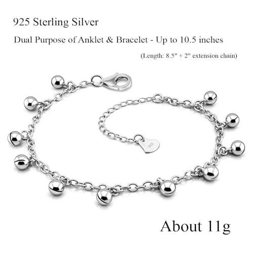 925 Sterling Silver Adjustable Bell Anklet, Dual-purpose anklet/bracelet with Lobster Clasp, Up to 10.5 inches for Women - Image 7