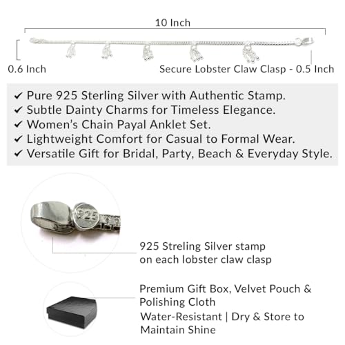 Traditional Indian Women’s Sterling Silver Chain Charms Anklet Payal Sets, 925 Stamped Pure Silver, Everyday Comfort, 10-Inch, Ideal for Party, Wedding, Dance, Beach, and Gift Jewelry - Image 7