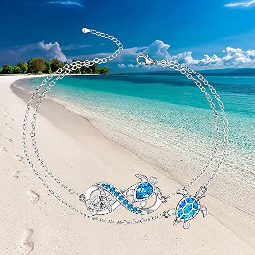 Turtle Anklet Blue Opal Sea Turtle Ankle Bracelets for Women Sterling Silver Infinity Wave Ocean Beach Summer Foot Bracelet Jewelry Layered Adjustable - Image 6