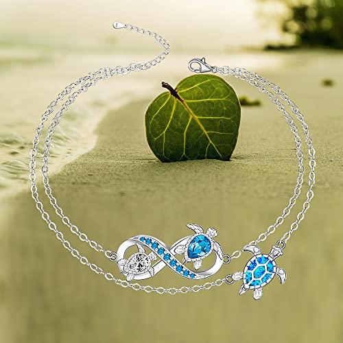 Turtle Anklet Blue Opal Sea Turtle Ankle Bracelets for Women Sterling Silver Infinity Wave Ocean Beach Summer Foot Bracelet Jewelry Layered Adjustable - Image 5