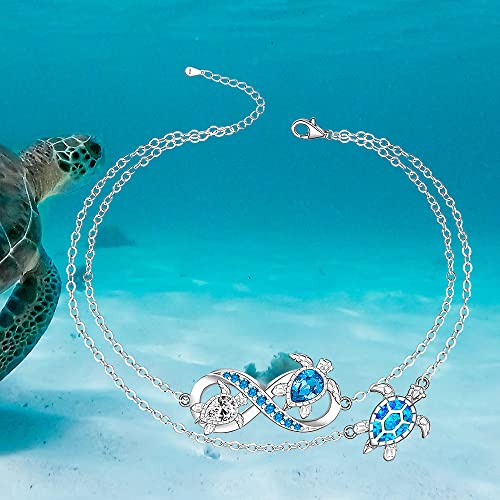 Turtle Anklet Blue Opal Sea Turtle Ankle Bracelets for Women Sterling Silver Infinity Wave Ocean Beach Summer Foot Bracelet Jewelry Layered Adjustable - Image 4